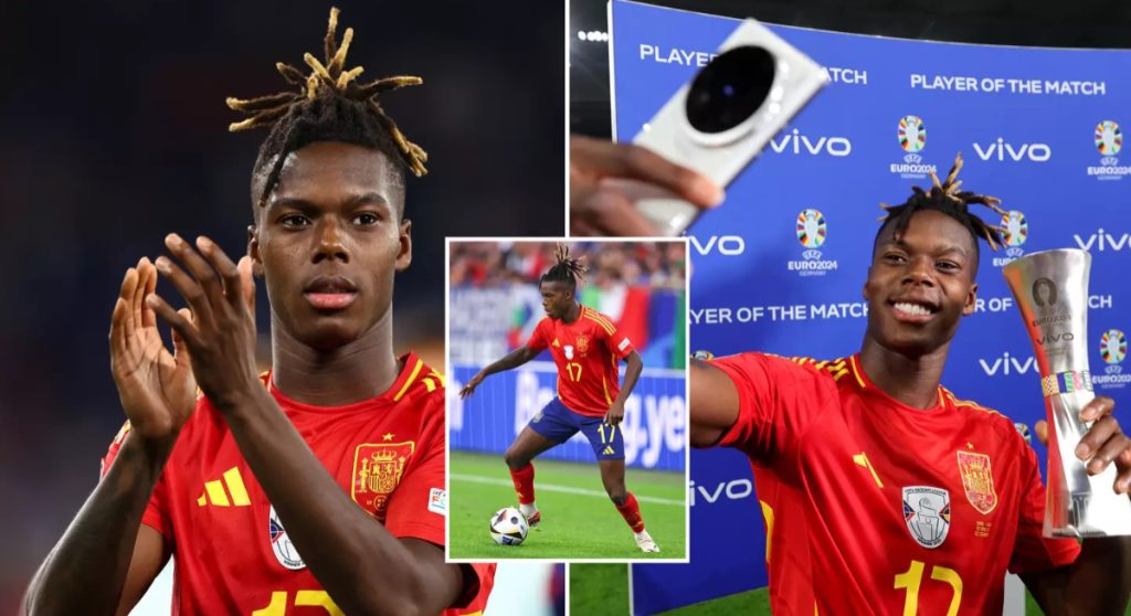 Inaki Williams reacts to Nico Williams' Man of the Match performance for Spain against Italy