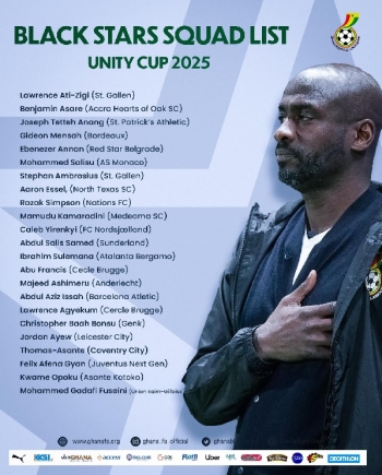 Ghana Black Stars Coach, Otto Addo names squad for Unity Cup 2025