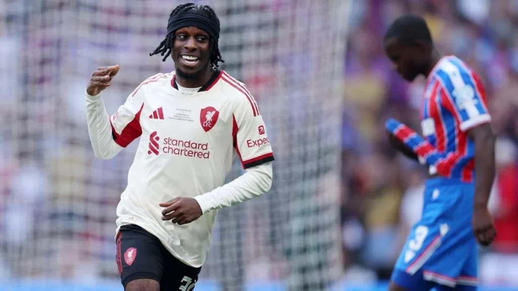 Jeremie Frimpong scores for Liverpool against Crystal Palace in Community Shield